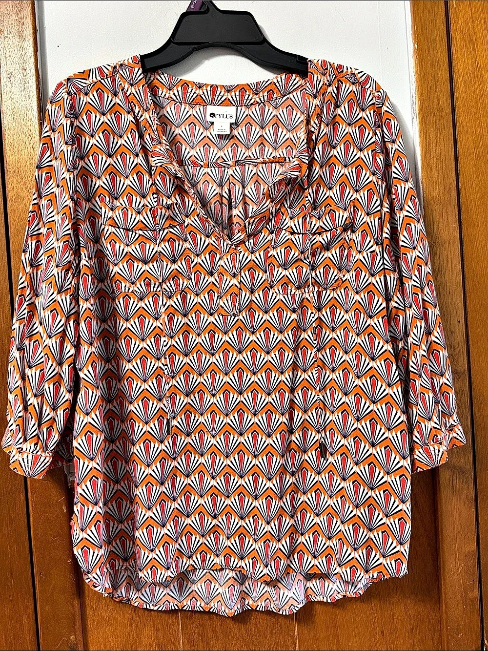 Stylus Geometric Fan Pattern High Low 3/4 Sleeve Blouse size Large